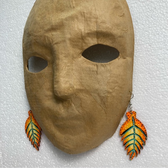 Hand Made Fall Orange Wooden Leaf Earrings Painted Wooden Autumn One of a Kind - Picture 4 of 10